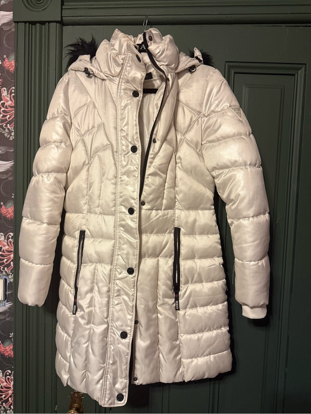 Guess Women's Ivory Quilted Puffer Coat with Hood